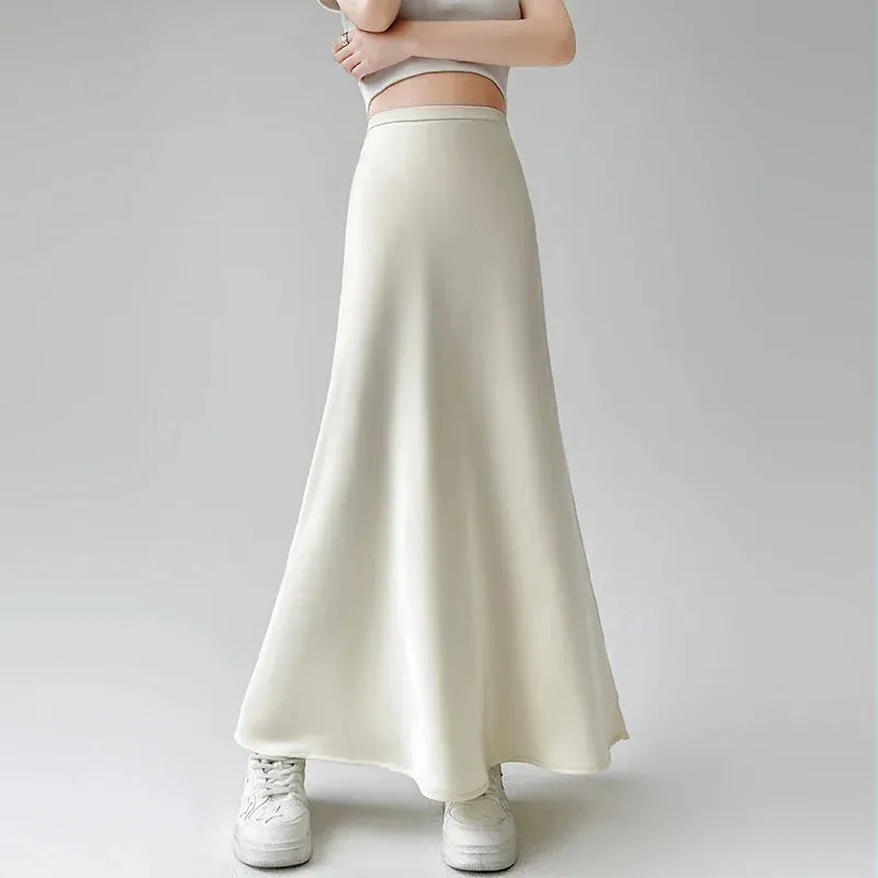 2024 New Spring Summer Acetate Satin Long Womens Elegant High Waist Wrap Hip Mermaid Ladies Fashion Maxi Skirt