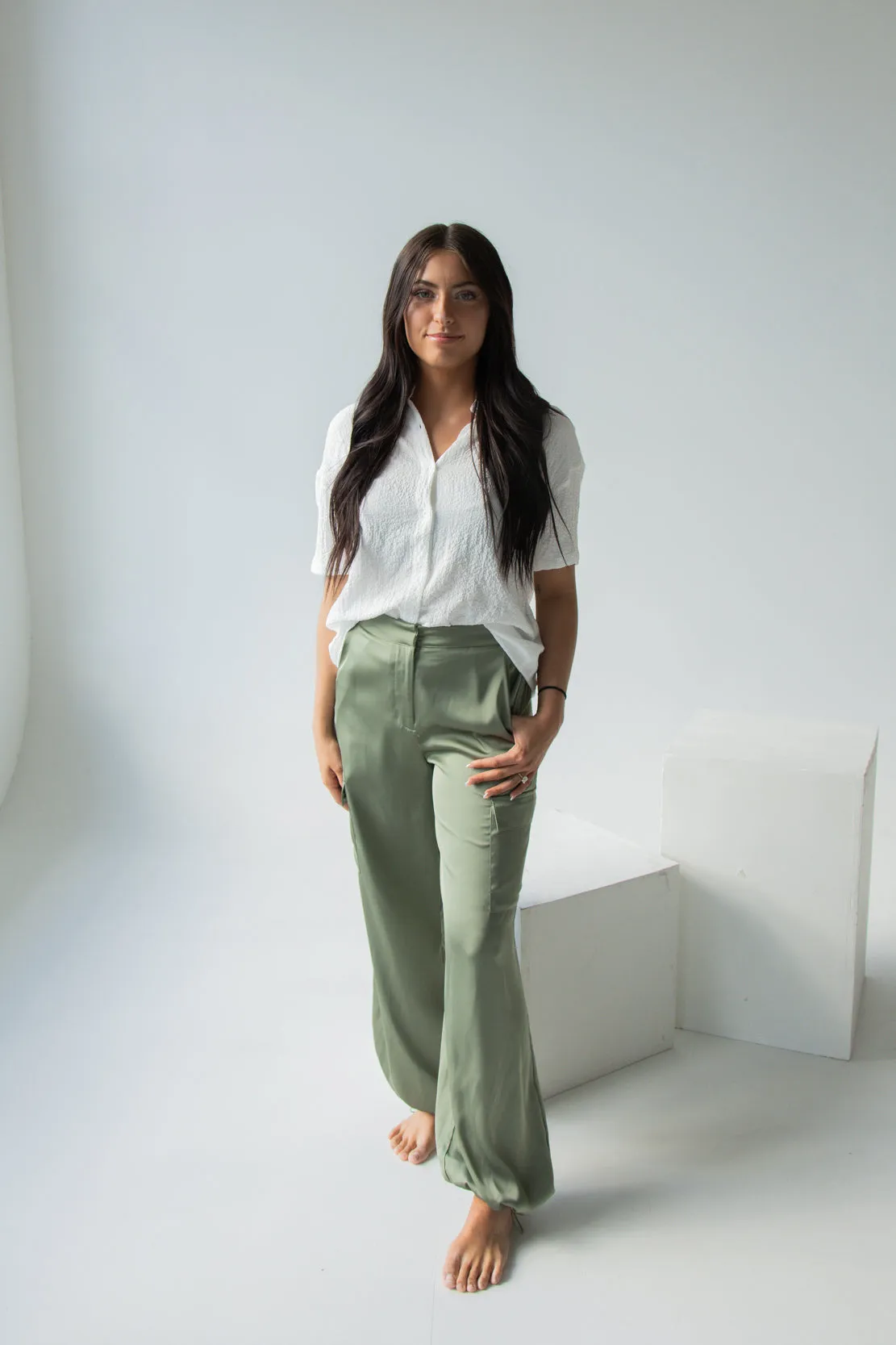 Anna Cargo Satin Pants | Light Olive