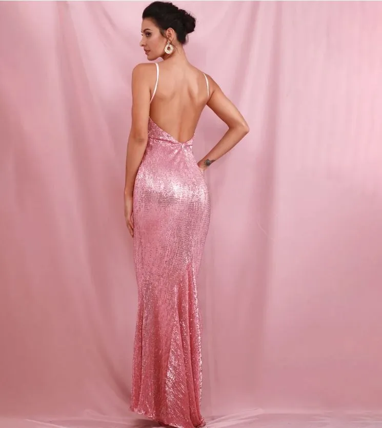 AshoreShop Sparkling Pink Long Elegant Mermaid Sleeveless Evening Gown