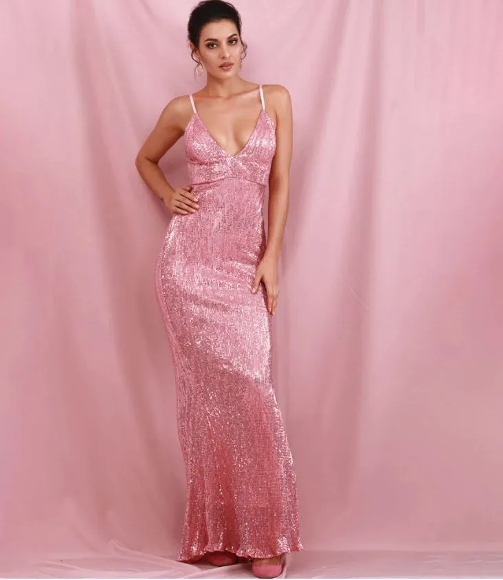 AshoreShop Sparkling Pink Long Elegant Mermaid Sleeveless Evening Gown