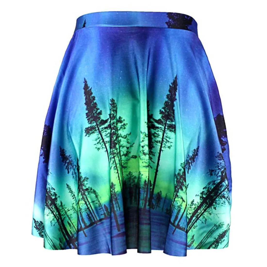 Aurora Borealis Tree Silhouette Print Circle Skirt with Elastic Waist | DOTOLY