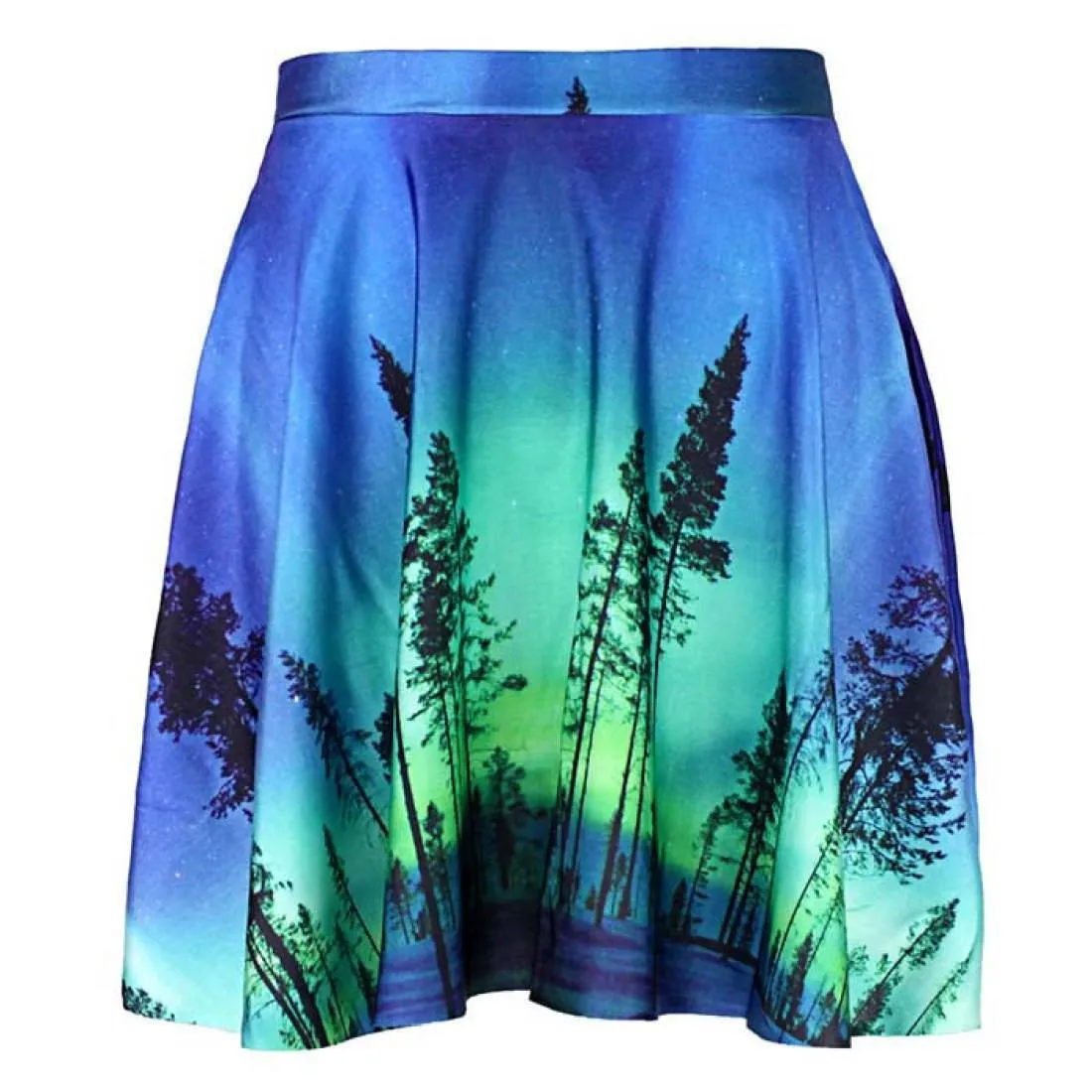 Aurora Borealis Tree Silhouette Print Circle Skirt with Elastic Waist | DOTOLY