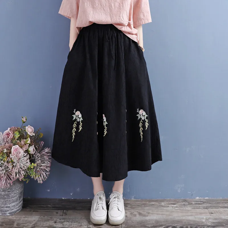 Autumn Cotton Linen Retro Embroidery Loose Skirt