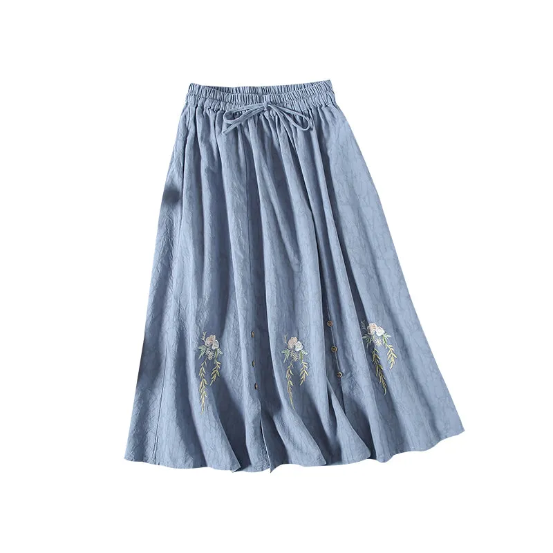 Autumn Cotton Linen Retro Embroidery Loose Skirt