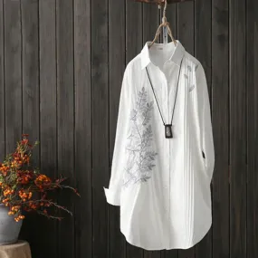 BABAKUD Pleated Leaf Embroidery Long Sleeve Shirt