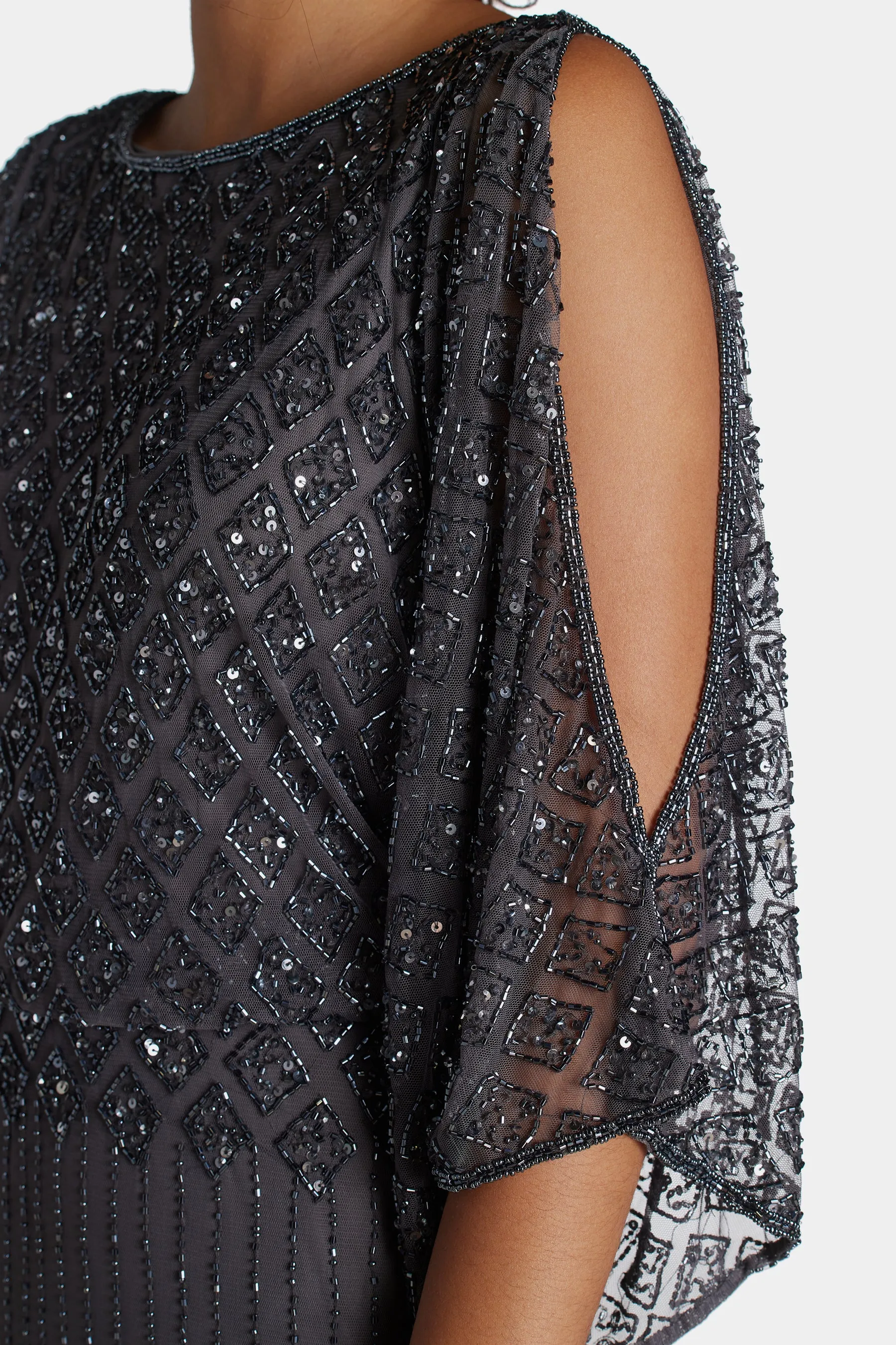 Bead Embellished Cold Shoulder Blouson Dress