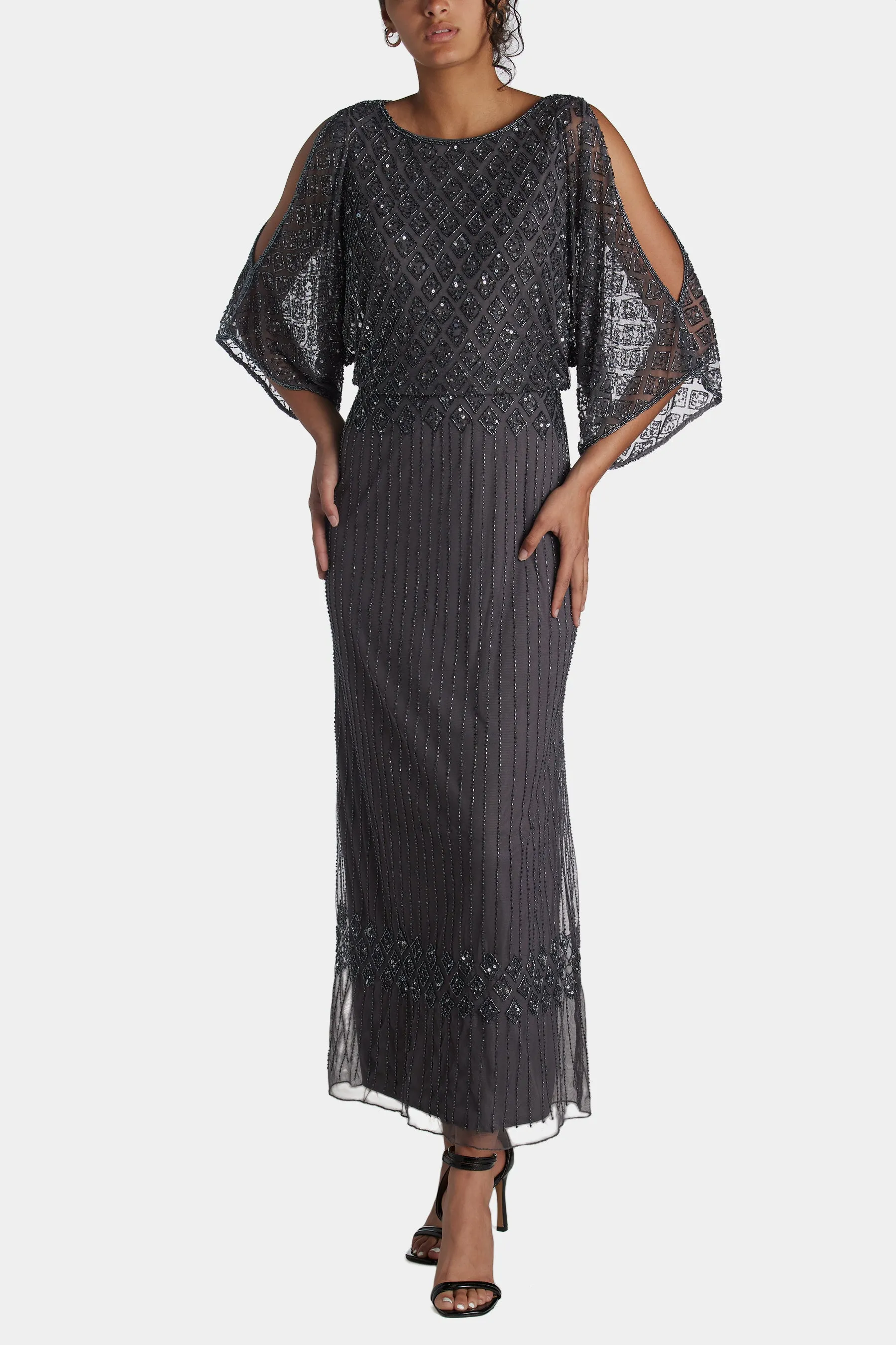 Bead Embellished Cold Shoulder Blouson Dress