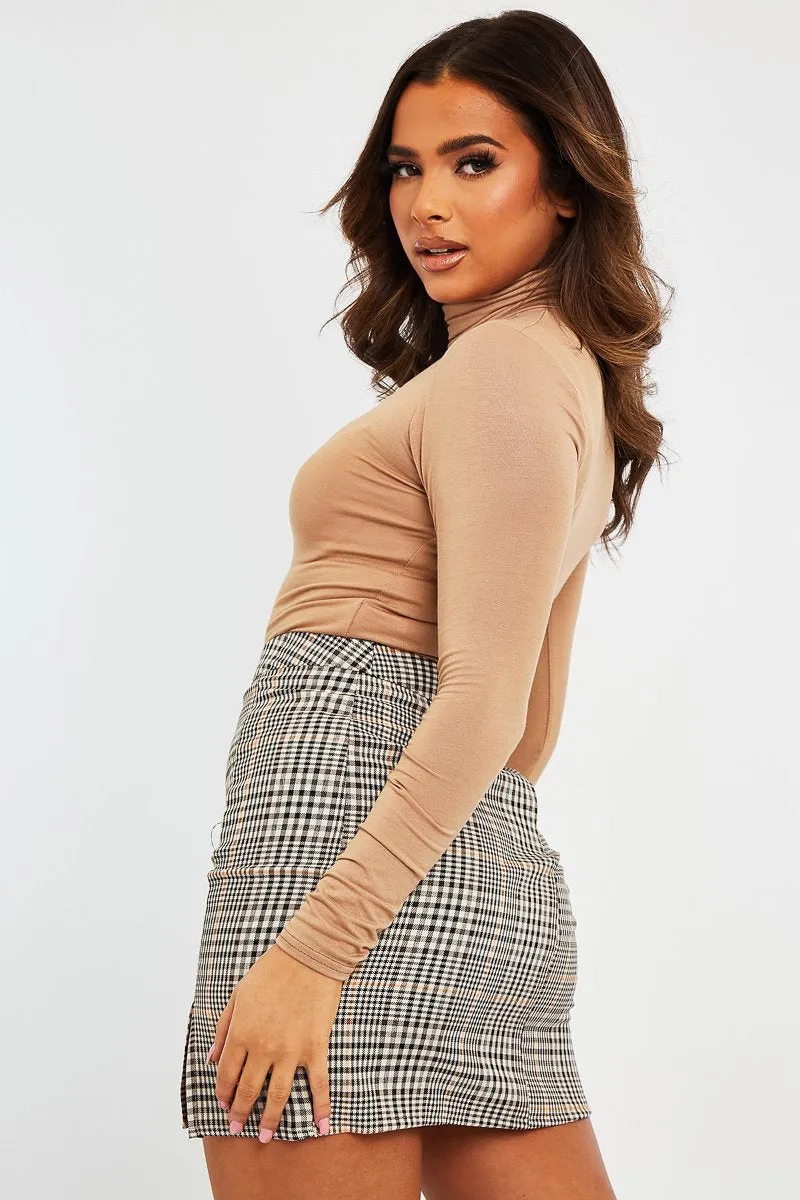 Beige Check Side Split Mini Skirt - Clare