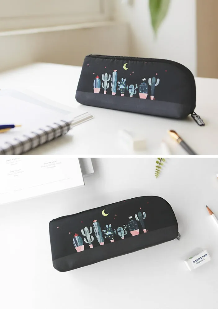 Black Cactus Graphic Pencil Cases Stationery Zipper School 19cm Office Cosmetics Pouches Artists Designer Prints Gifts Bags Purses Students Girls Cute Teens Inner Pocket