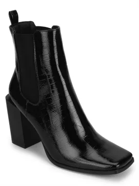 Black Croc Patent Slip On Ankle Boots