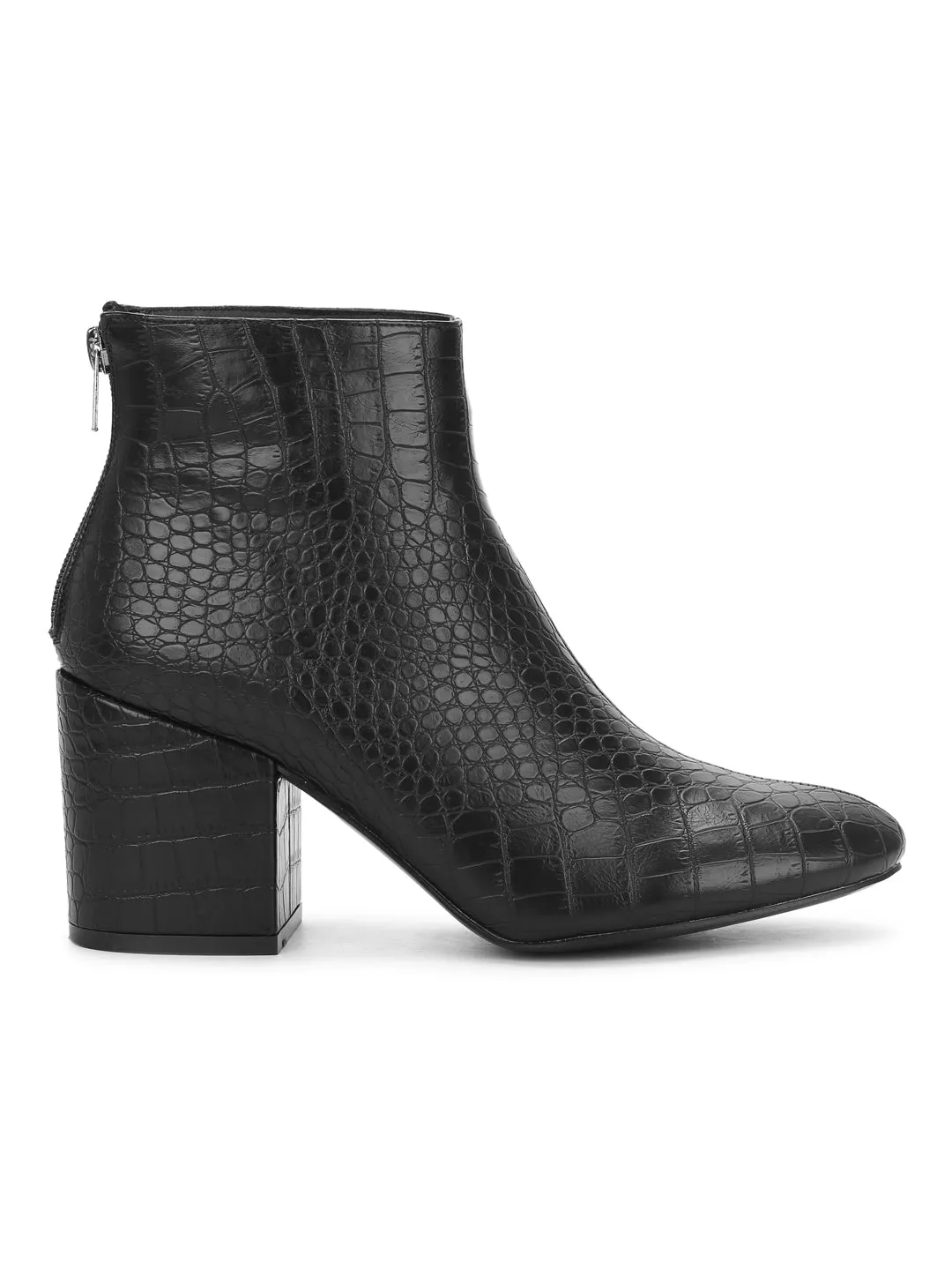 Black Croc PU Back Zipper Low Heel Ankle Boots