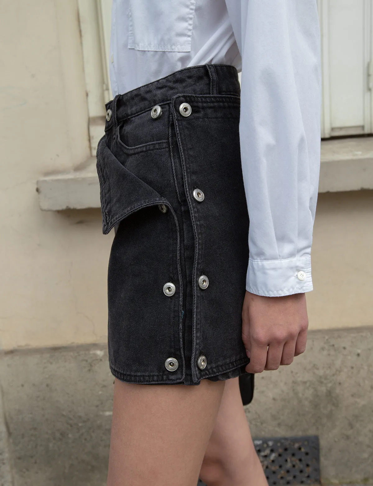 Black Denim Button Skort-BESTSELLER