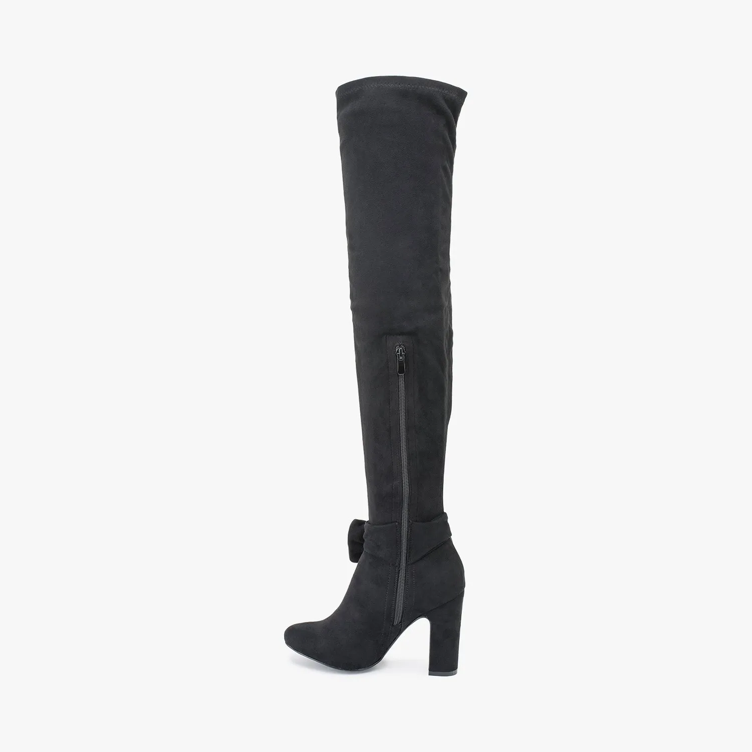 Black Faux Suede Bow Detail Over The Knee Boot