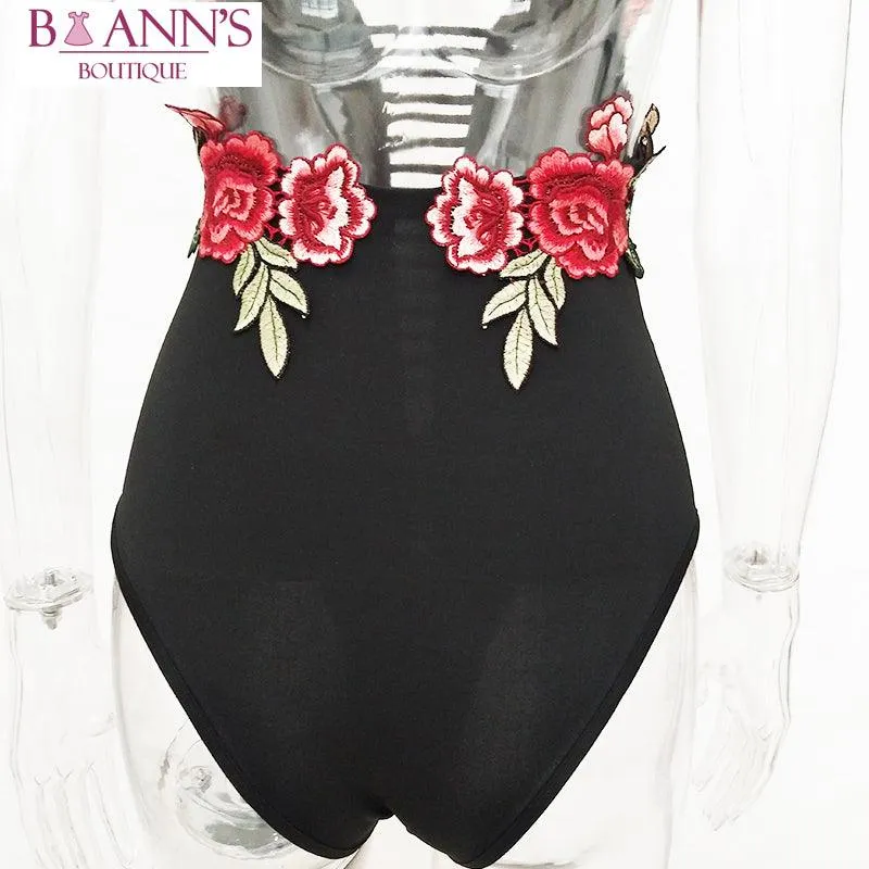 BLACK FLORAL EMBROIDERED BODYSUIT