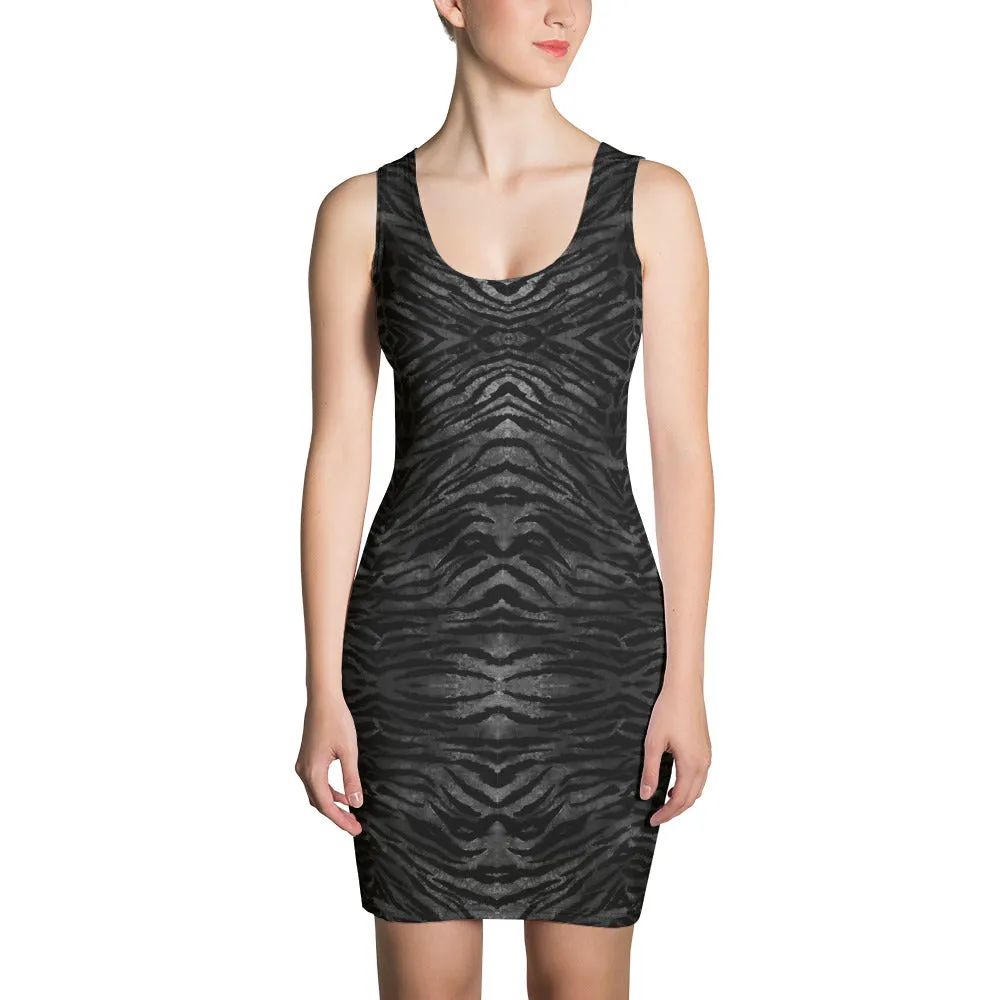 Black Tiger Stripe Print Dress, Wild Sexy Animal Print Women's Sexy Dress-Made in USA/EU