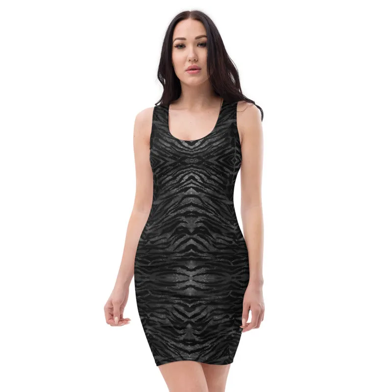 Black Tiger Stripe Print Dress, Wild Sexy Animal Print Women's Sexy Dress-Made in USA/EU