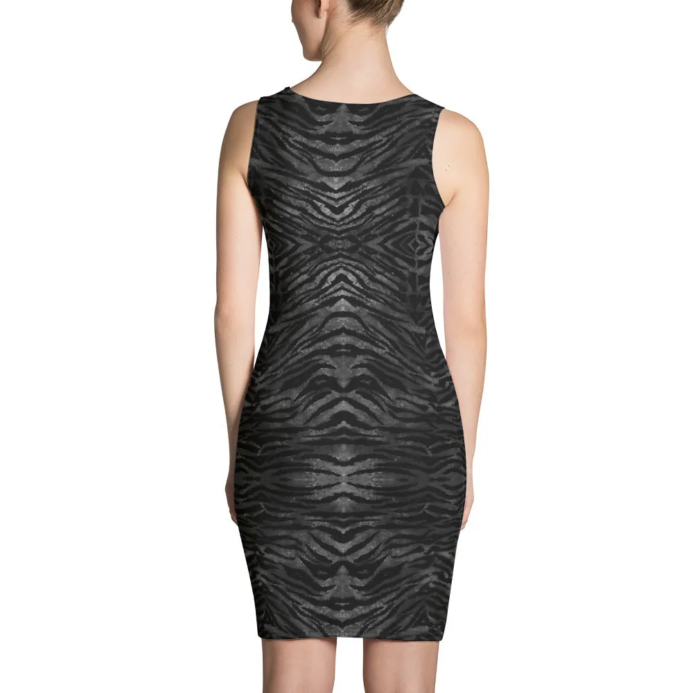 Black Tiger Stripe Print Dress, Wild Sexy Animal Print Women's Sexy Dress-Made in USA/EU