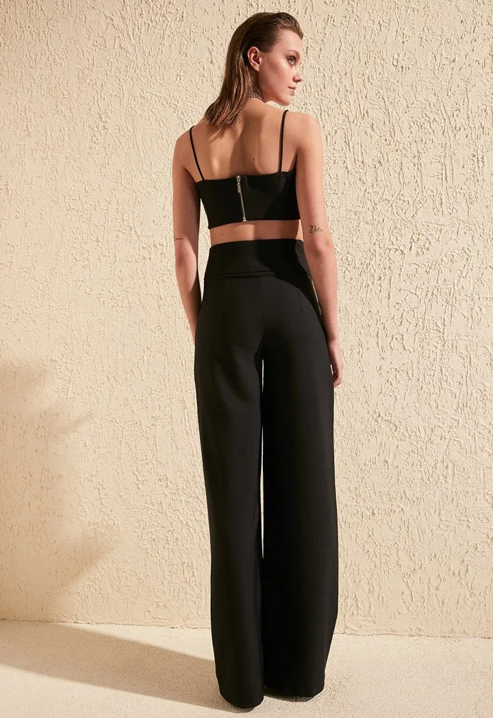 Black Waist Ribbed Detail Pants