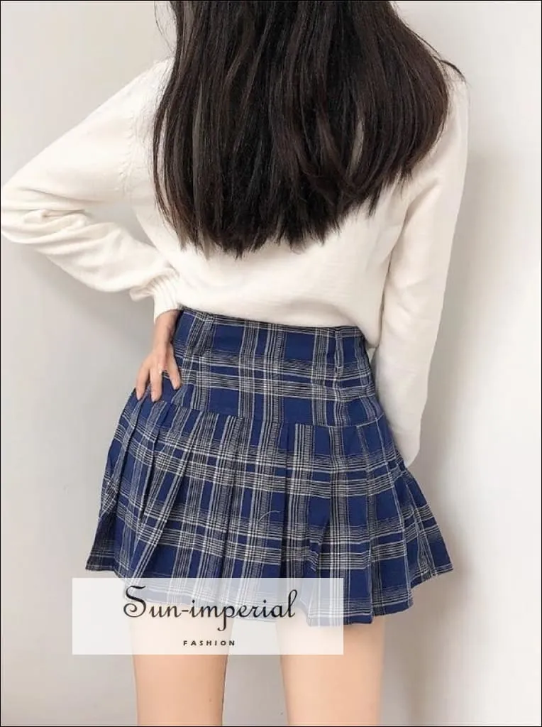 Blue High Waist Pleated Tennis Check Mini Skirt with Underpants