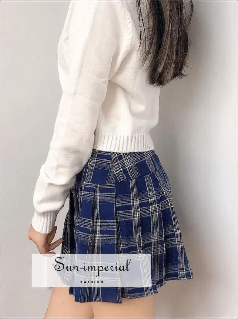 Blue High Waist Pleated Tennis Check Mini Skirt with Underpants