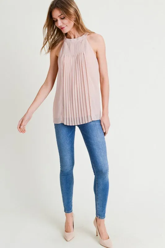 Blush High Neck Pleated Tank