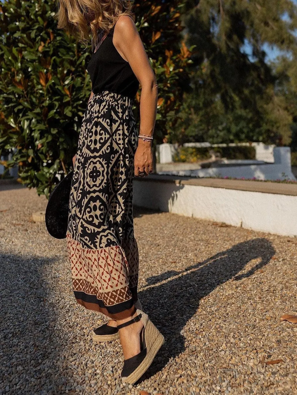 Boho Ruffle Print Asymmetrical Maxi Skirt for Women