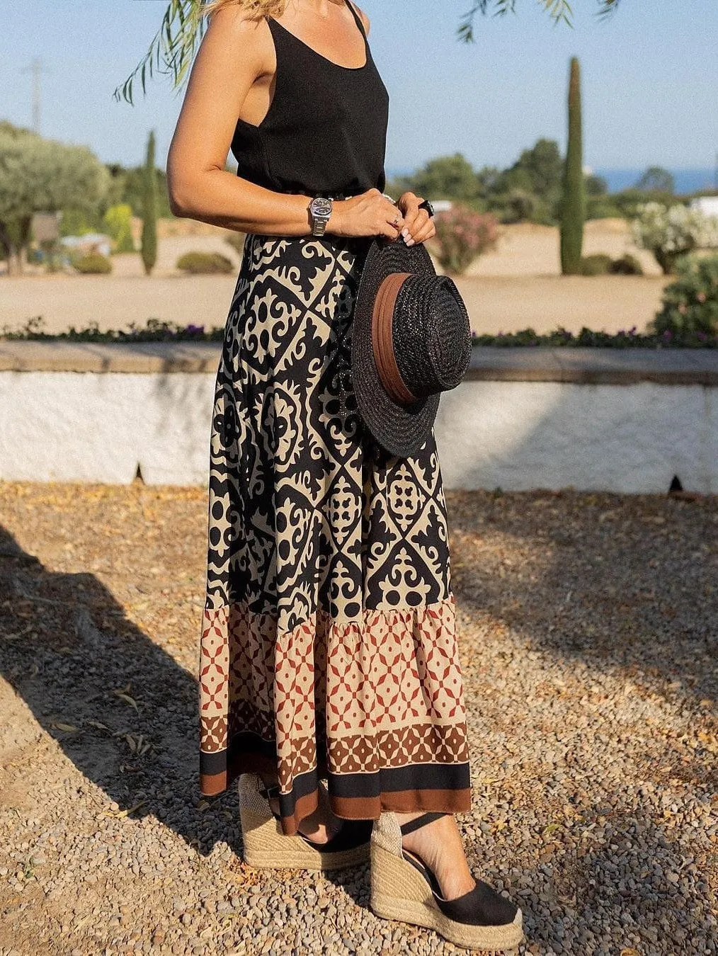 Boho Ruffle Print Asymmetrical Maxi Skirt for Women