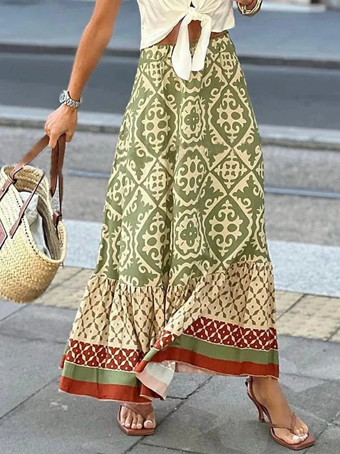 Boho Ruffle Print Asymmetrical Maxi Skirt for Women