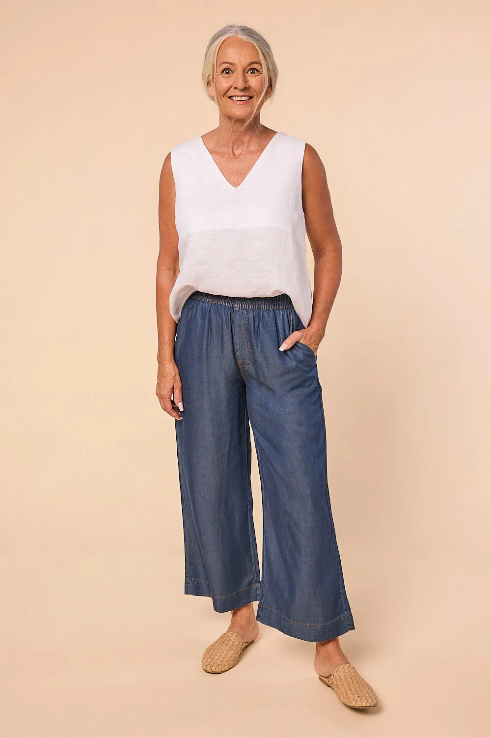 Breezy Cropped Relaxed Tencel Pant in Mid Wash