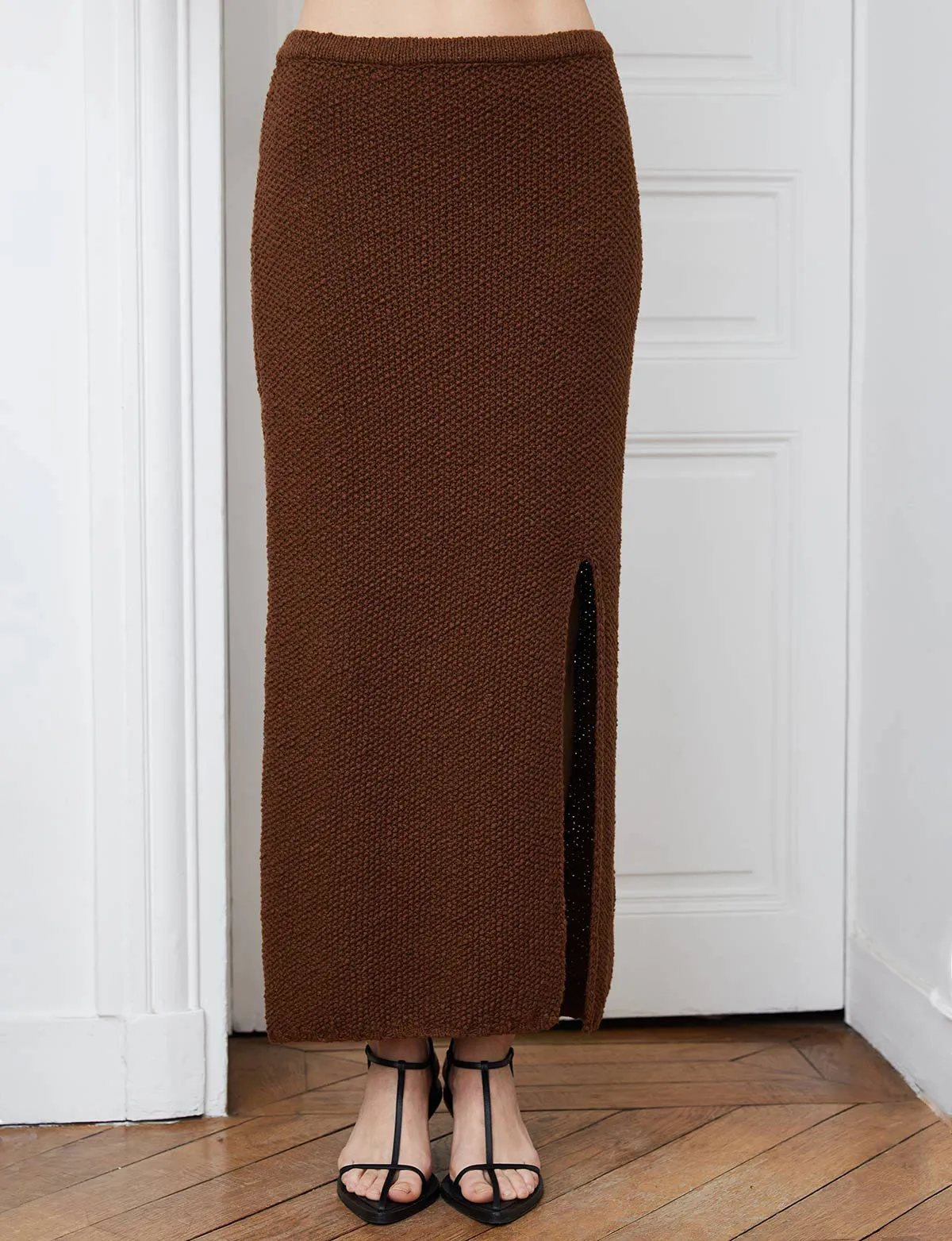 Brown Crochet-Knit Slit Skirt