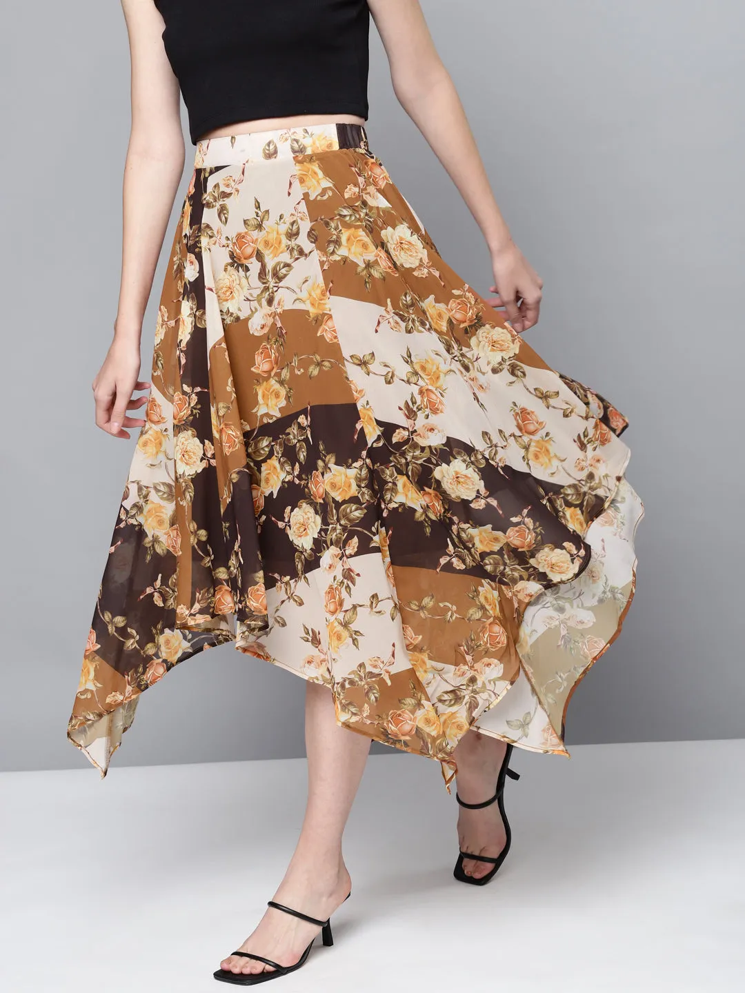 Brown Floral Asymmetric Midi Skirt