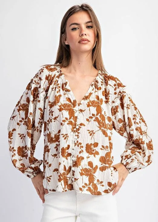 Brown Floral Crinkle Blouse