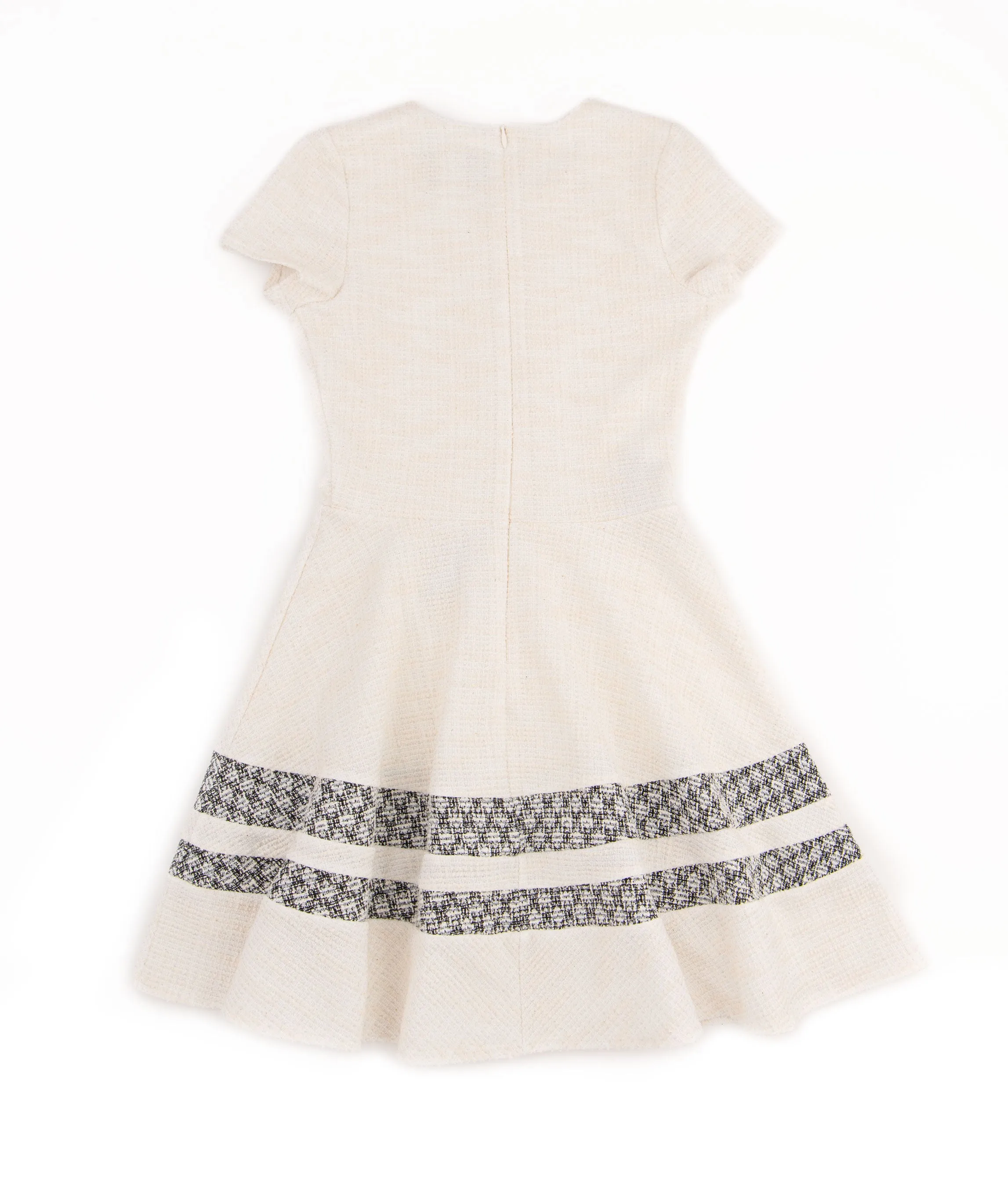 Debra Girls Ivory Boucle Short Sleeve Striped Dress with Flared Skirt