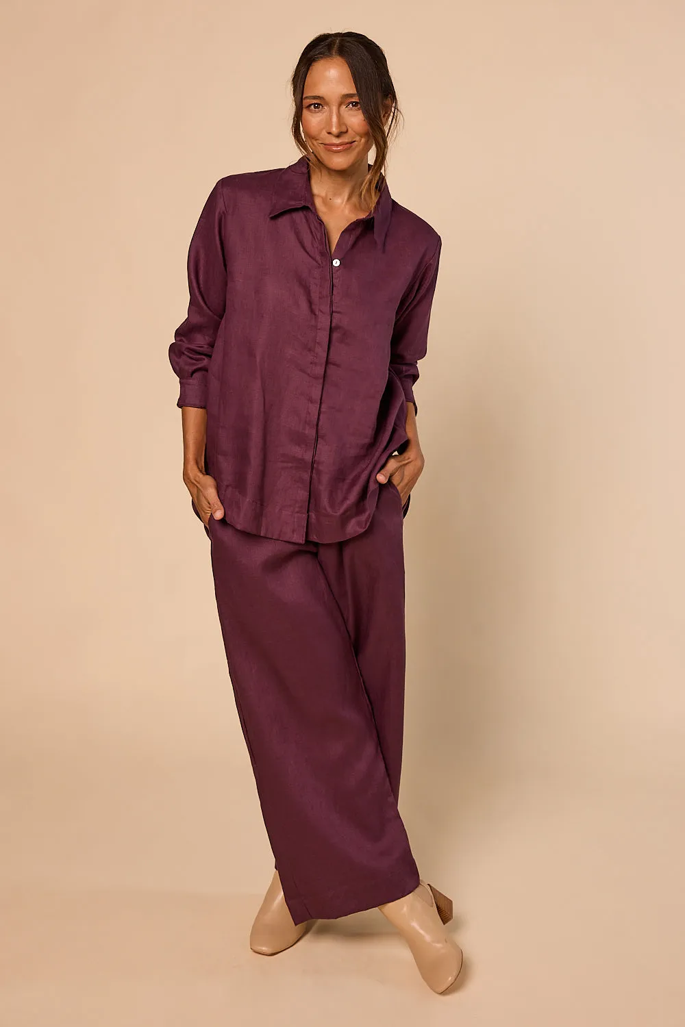 Camille Linen Wide Leg Pant in Plum