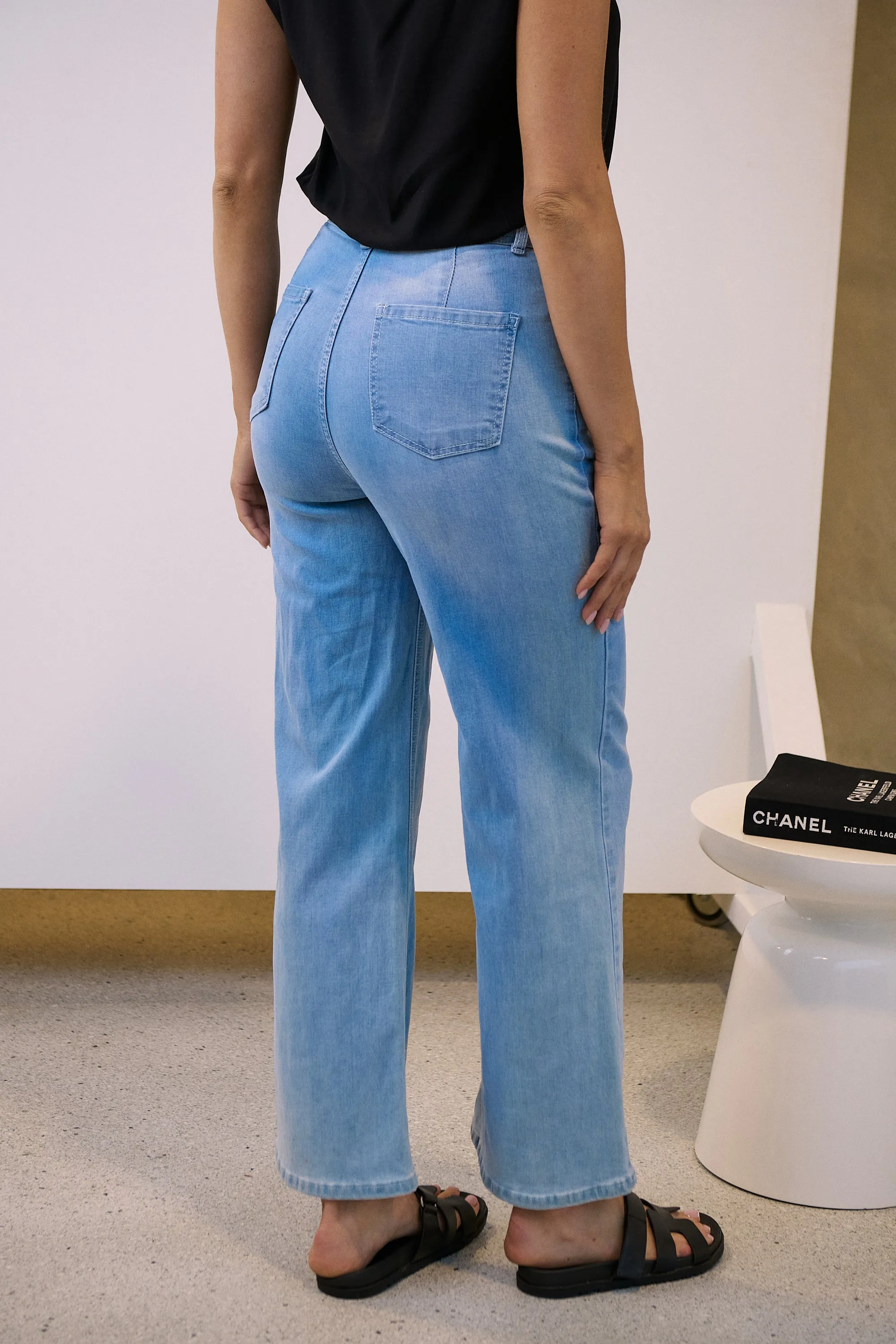 Chambray Denim Wide Leg Pocket Front Mum Jeans