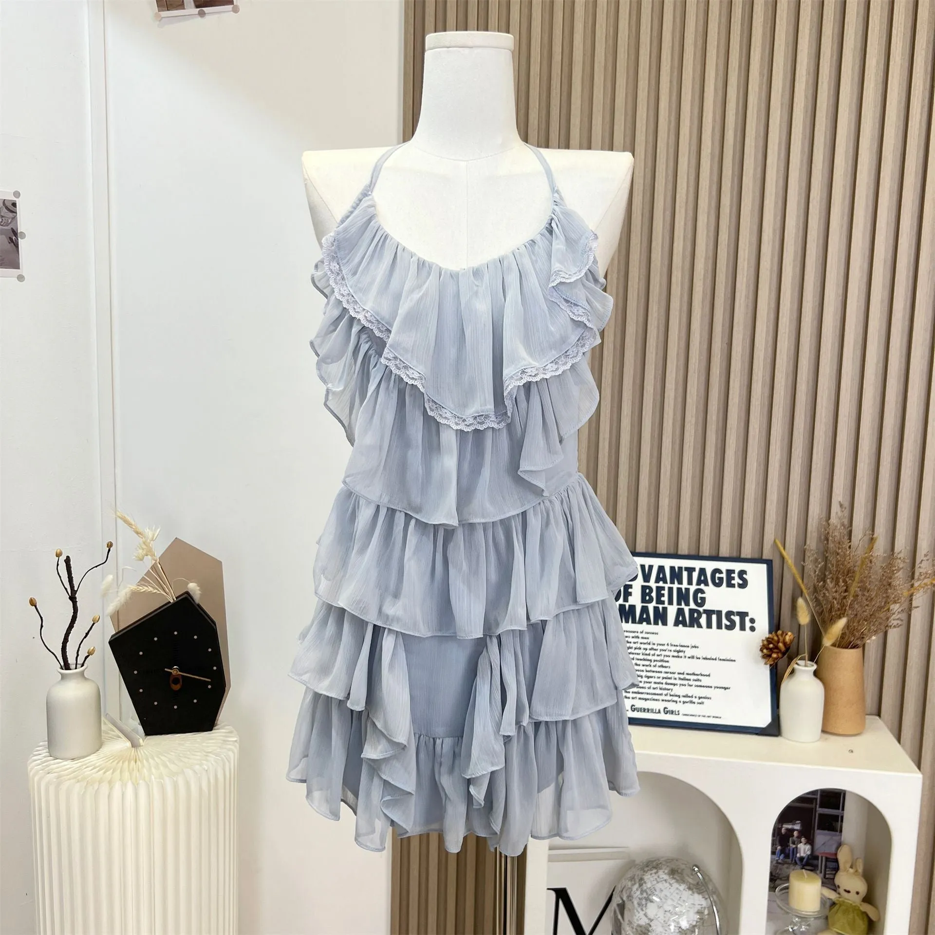 Chiffon Striped Ruffle Strap Short Tulle Tiered Ruffle Mini Dress Backless