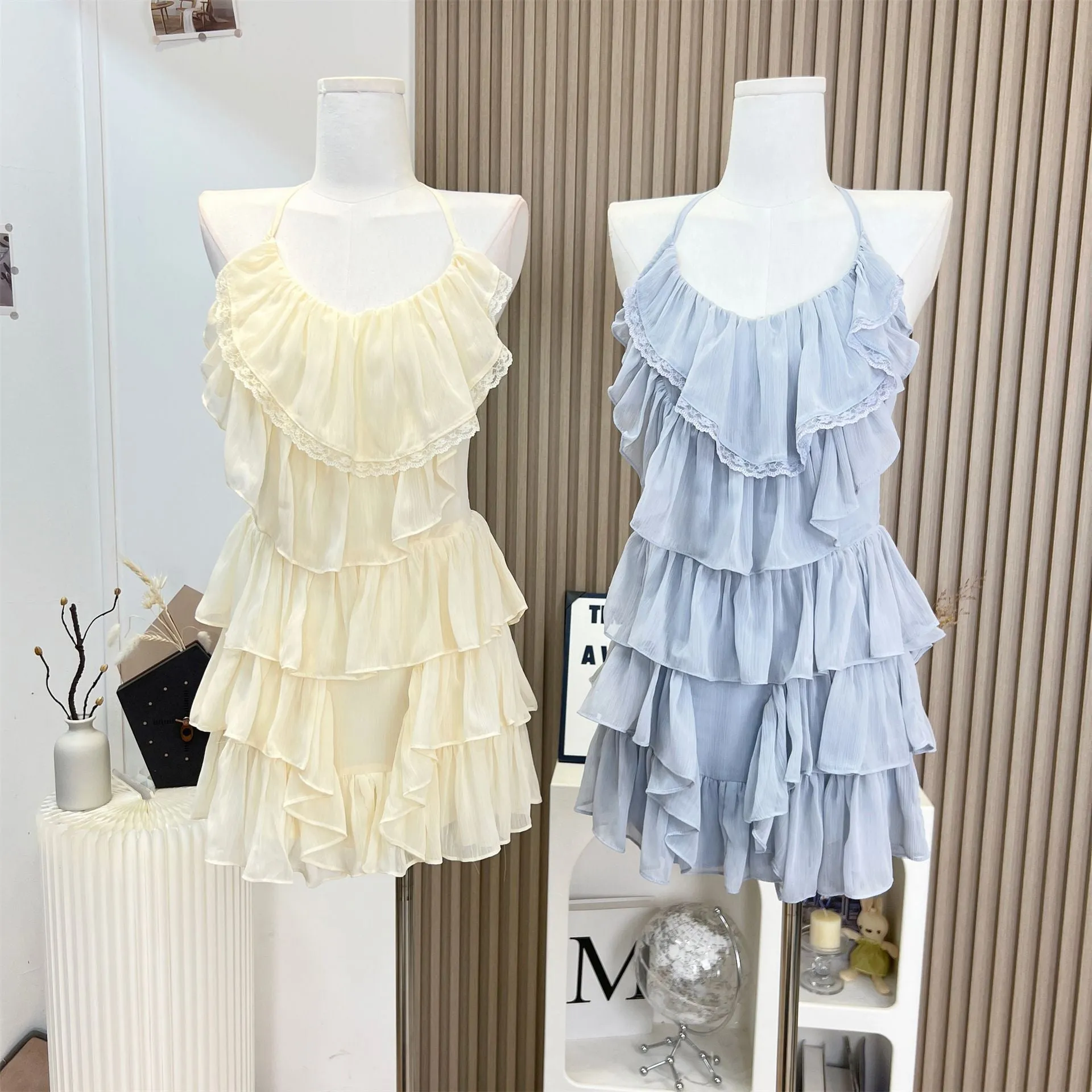 Chiffon Striped Ruffle Strap Short Tulle Tiered Ruffle Mini Dress Backless