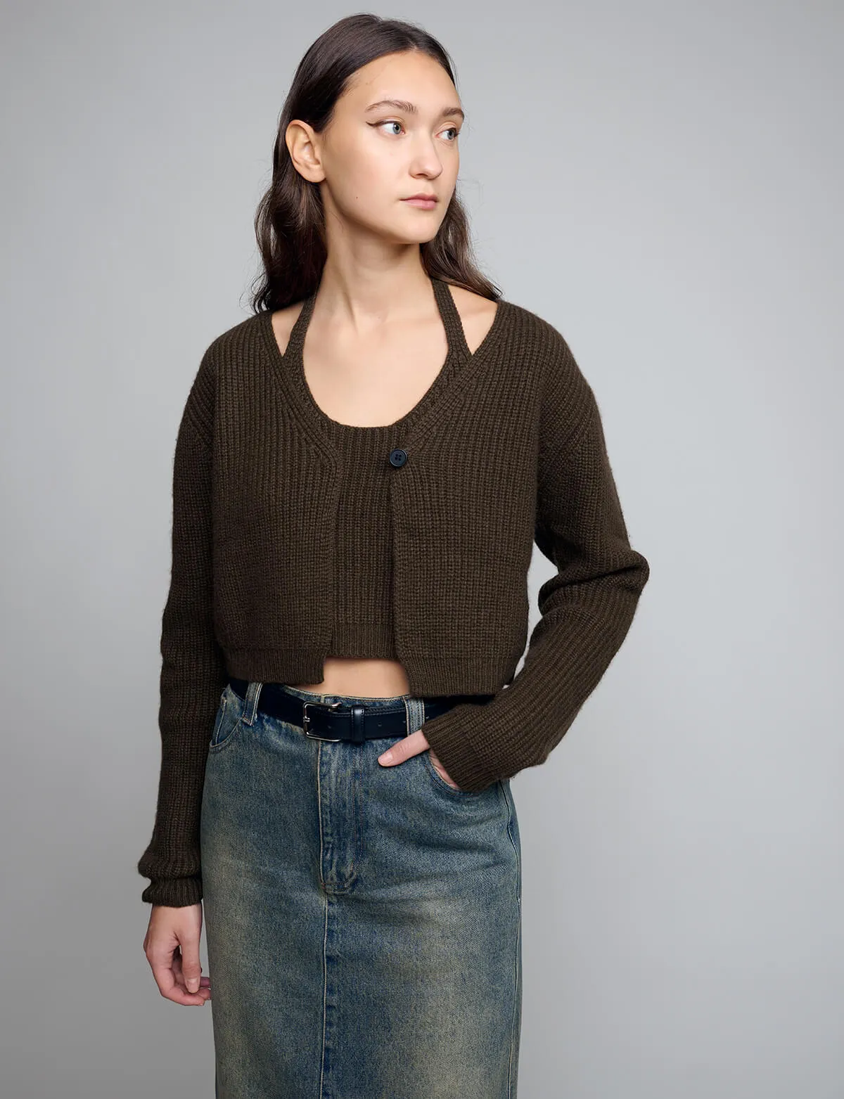 Crop Brown Halter Cardigan