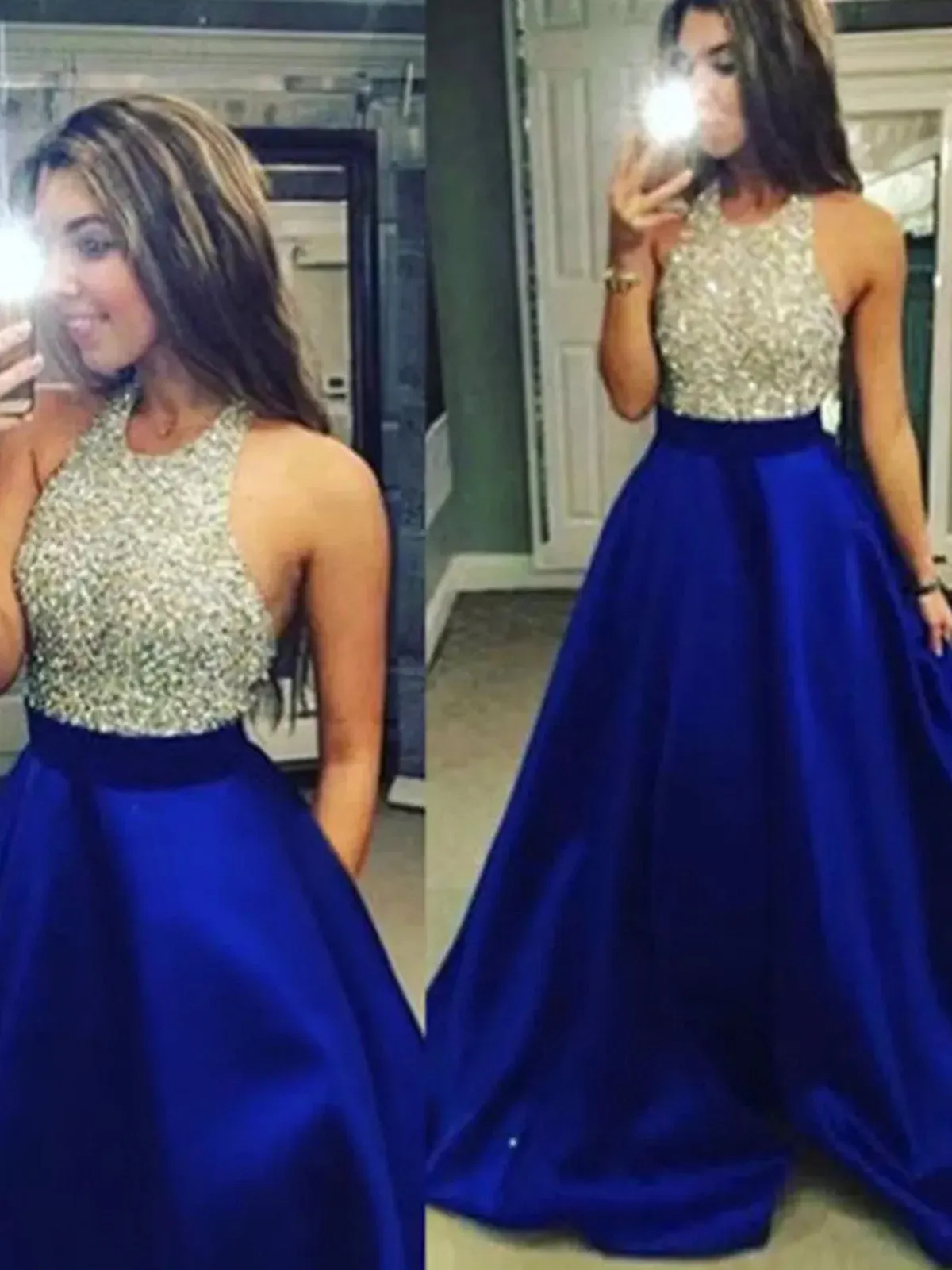 Custom Made A Line Halter Neck Sleeveless Long Satin Prom Dress With Beaded