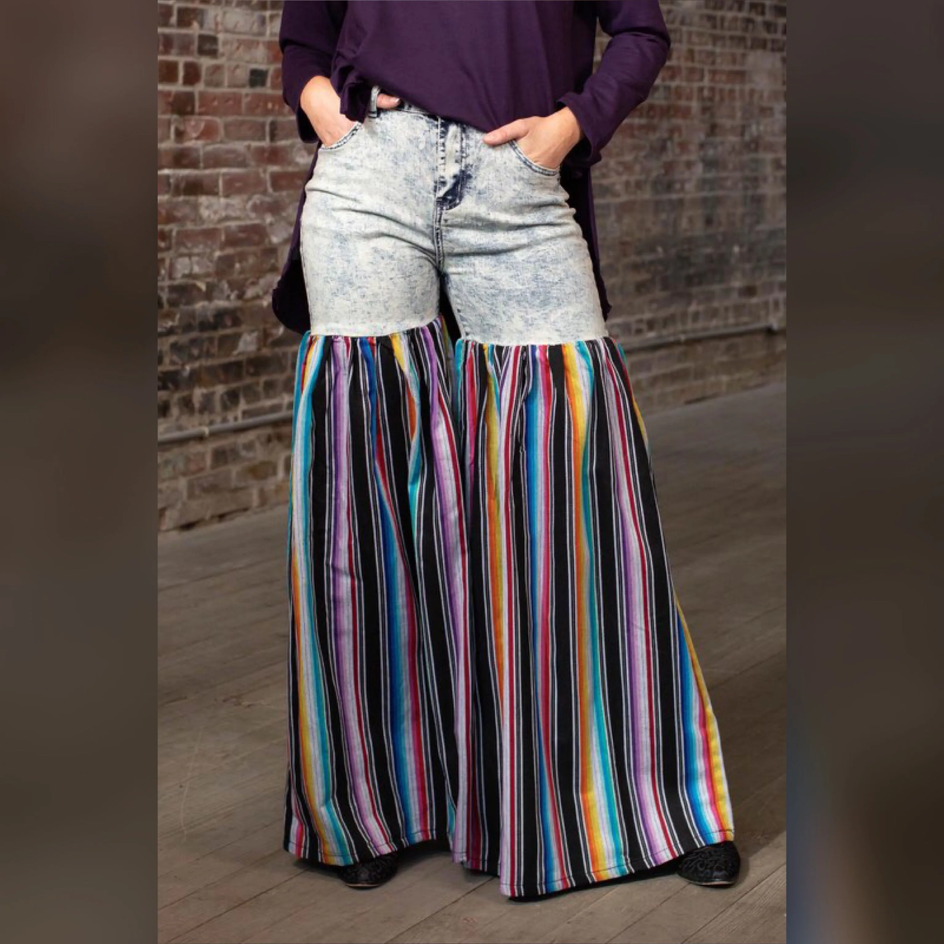 Distressed Light Denim Black Multi Color Palazzo Wide Leg Jeans