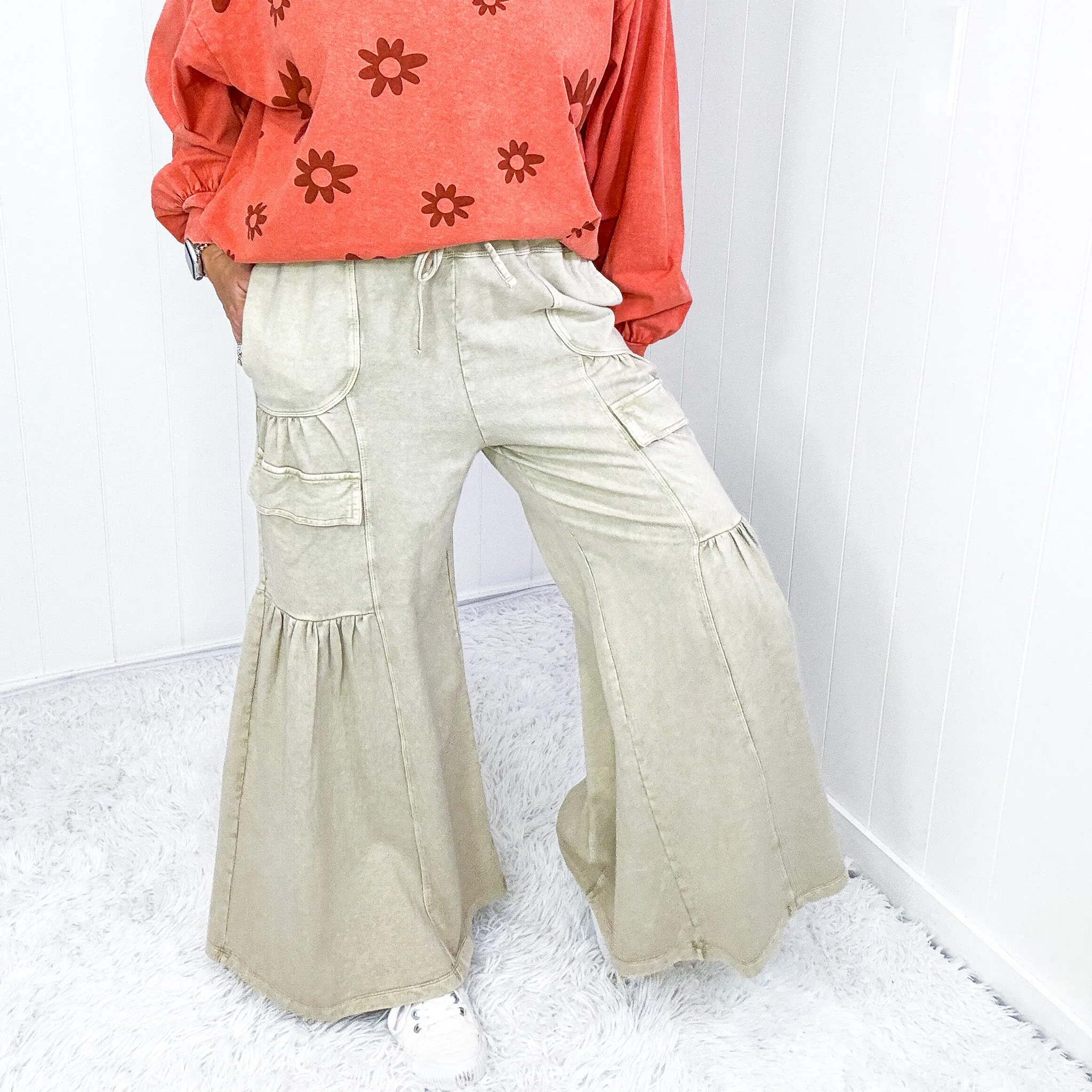 Earth Tones Khaki Mineral Washed Ruched and Ruffed Palazzo Pants