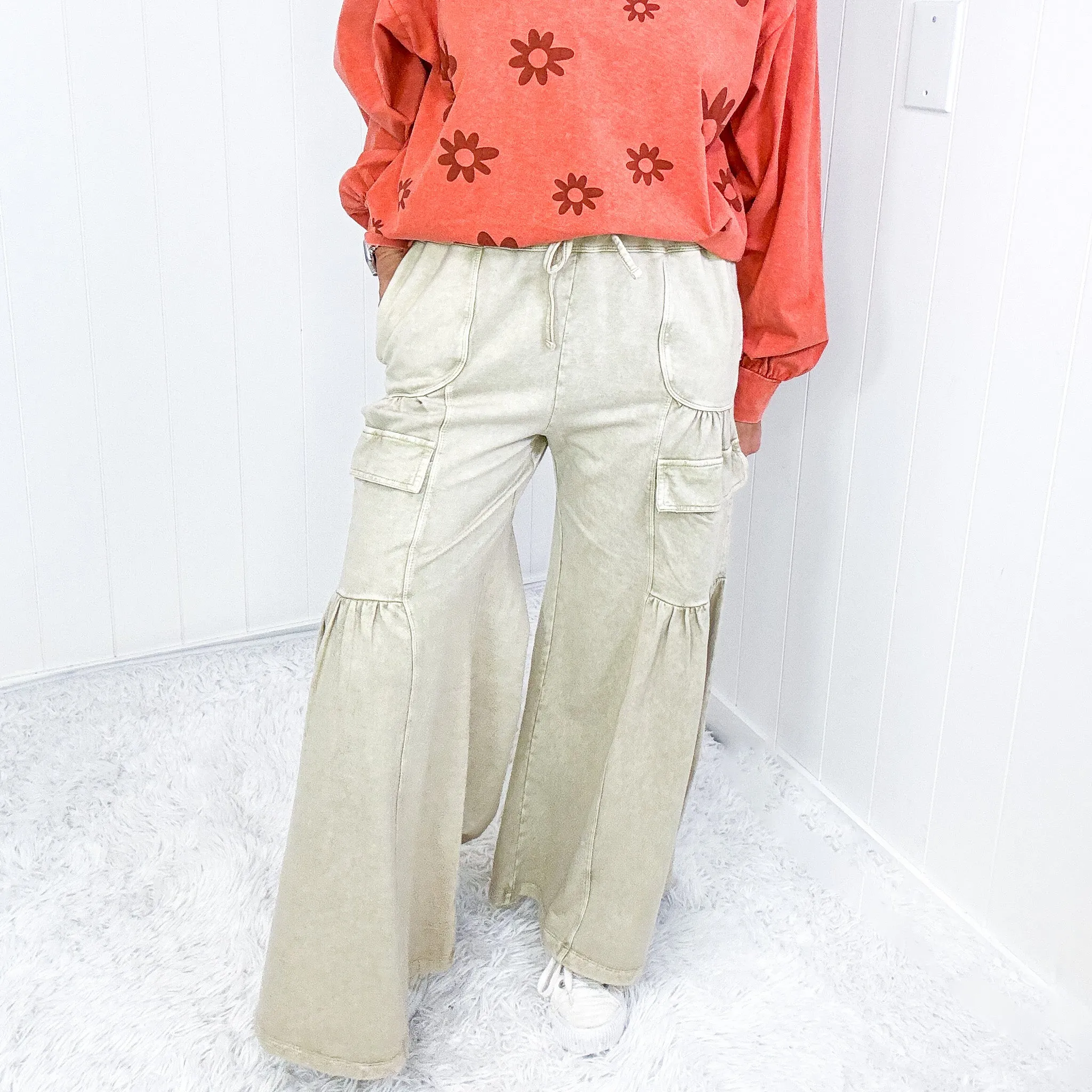 Earth Tones Khaki Mineral Washed Ruched and Ruffed Palazzo Pants