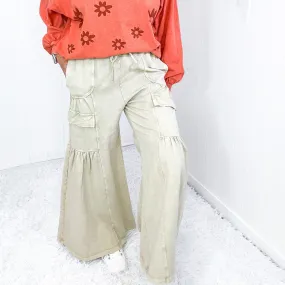 Earth Tones Khaki Mineral Washed Ruched and Ruffed Palazzo Pants