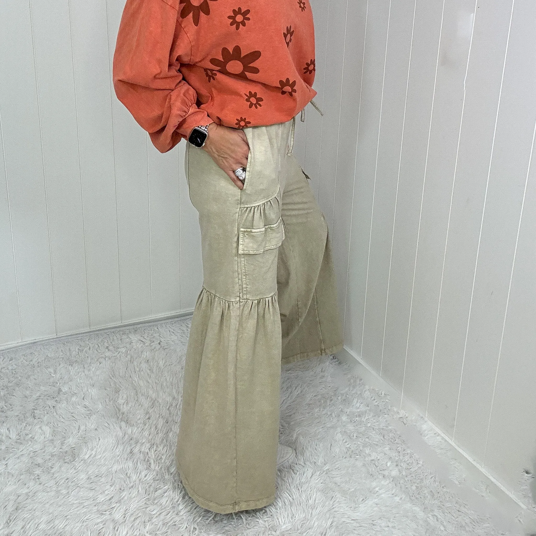 Earth Tones Khaki Mineral Washed Ruched and Ruffed Palazzo Pants