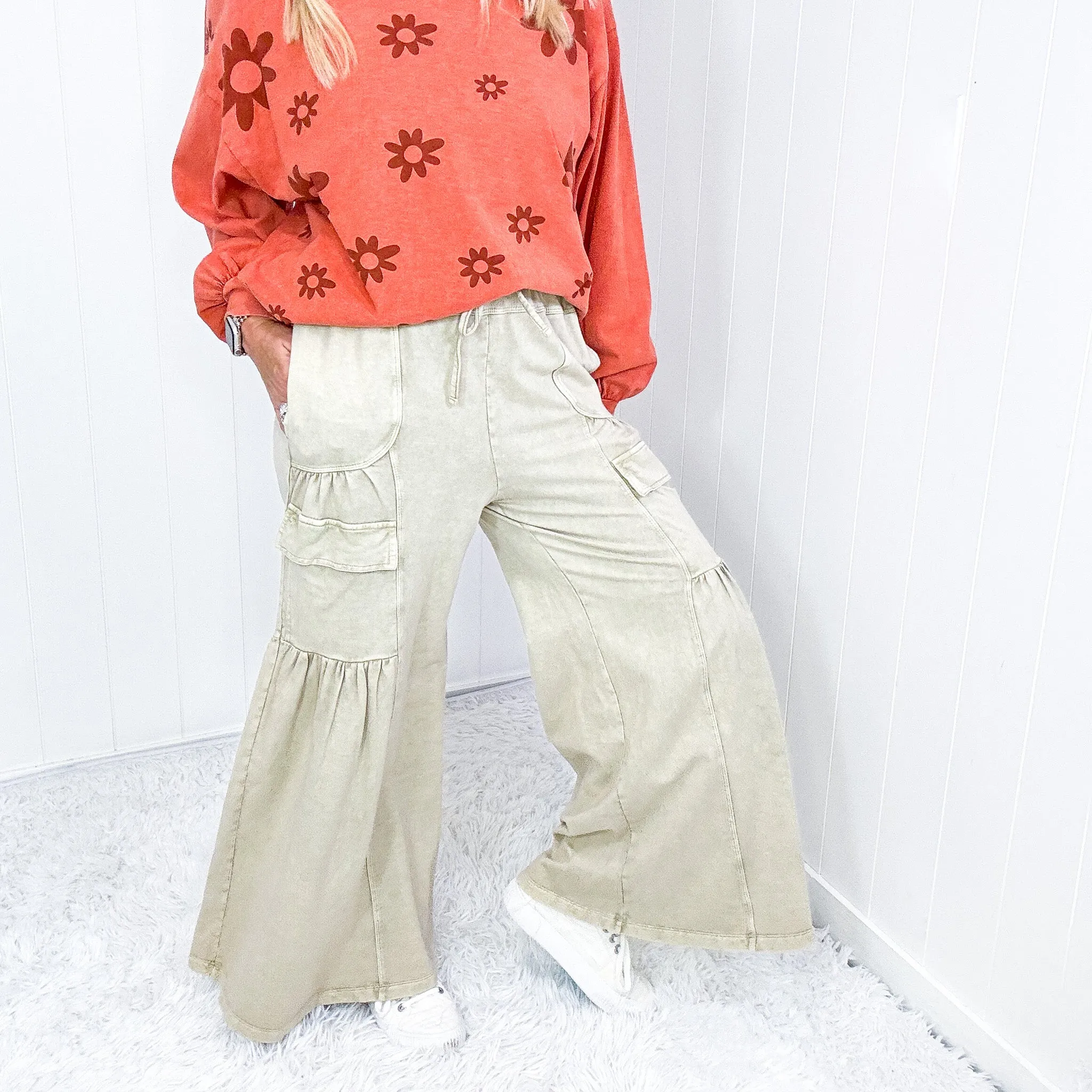 Earth Tones Khaki Mineral Washed Ruched and Ruffed Palazzo Pants