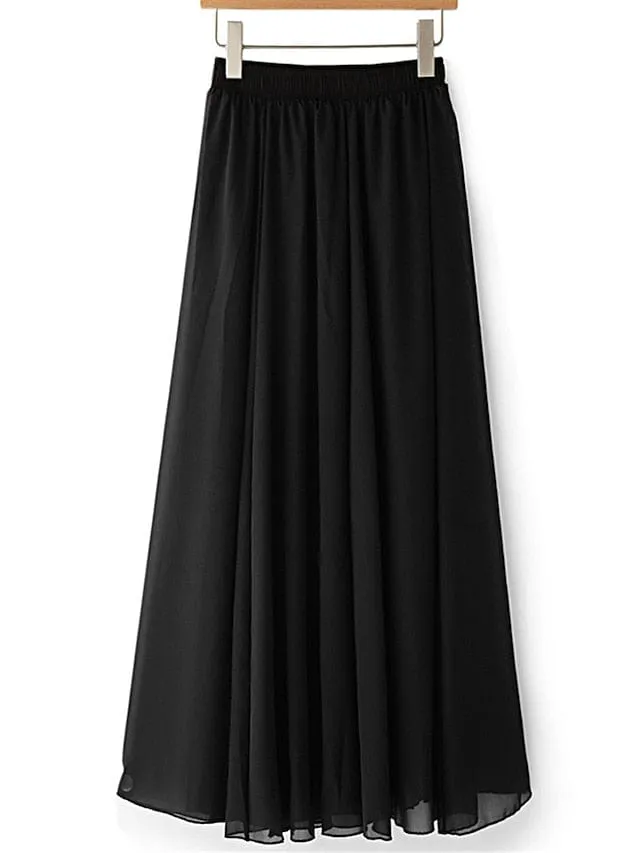 Elegant Layered High Waist Maxi Skirt for Women in Apricot, Black, White, and Red