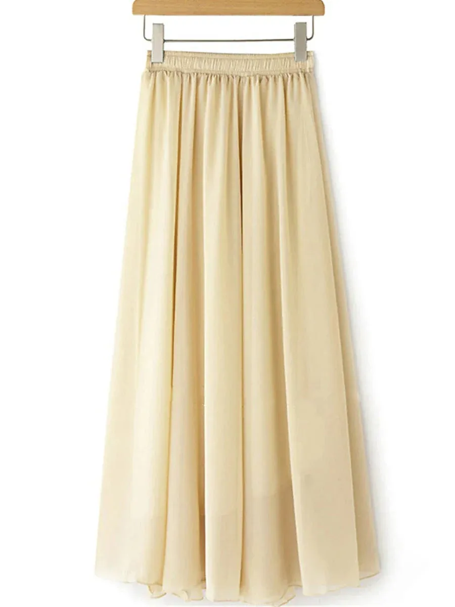 Elegant Layered High Waist Maxi Skirt for Women in Apricot, Black, White, and Red