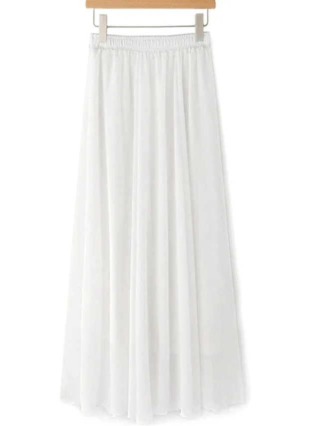 Elegant Layered High Waist Maxi Skirt for Women in Apricot, Black, White, and Red