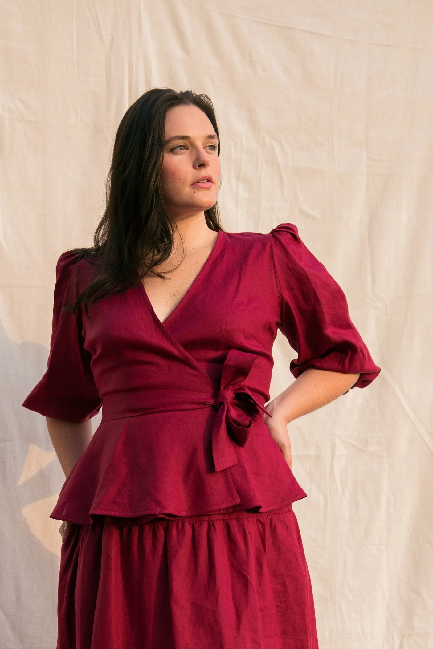 Ellen Wrap Top / Scarlet Red Linen