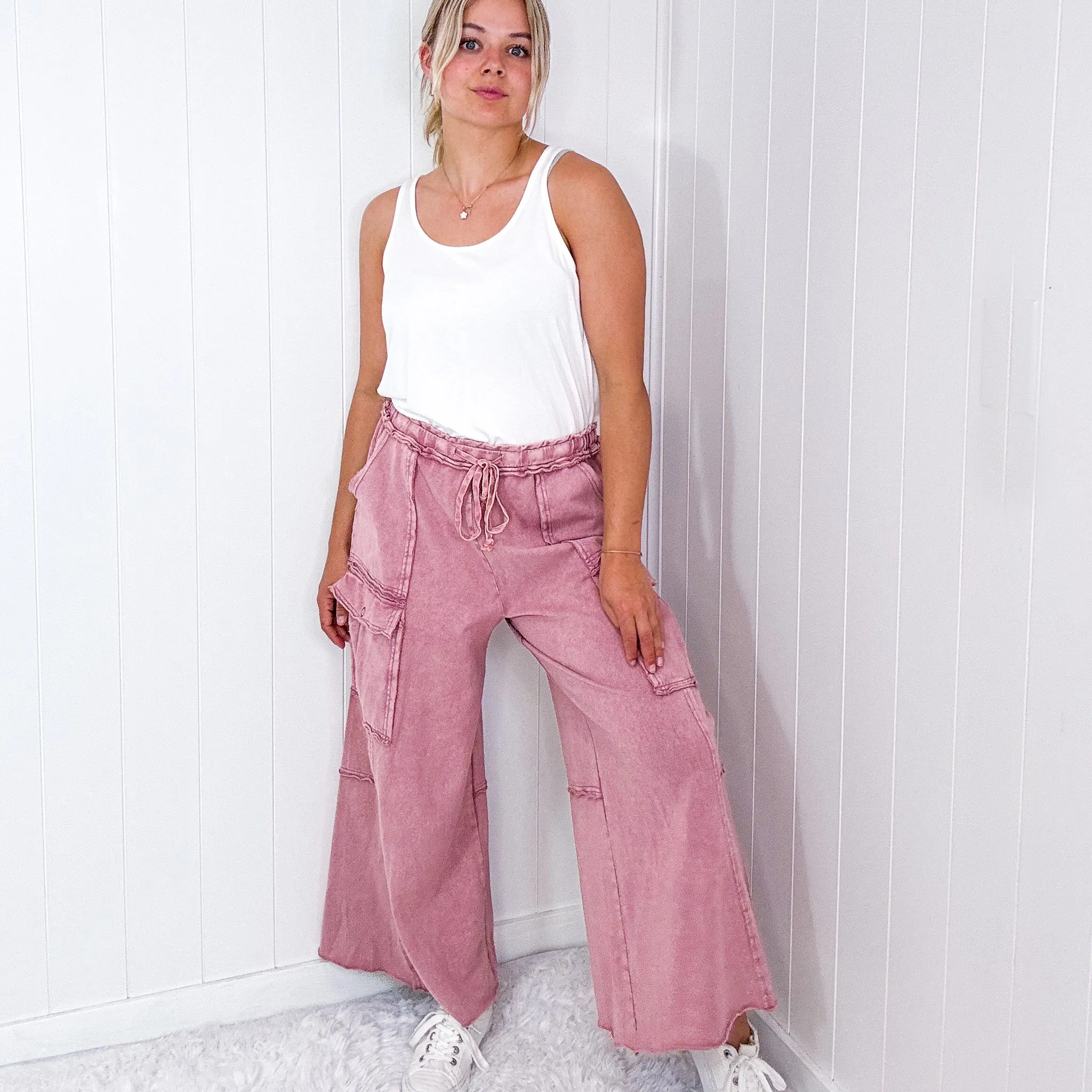 Feeling Good Cropped Relaxed Mineral Washed Wide Leg Cargo Pants in 8 Colors